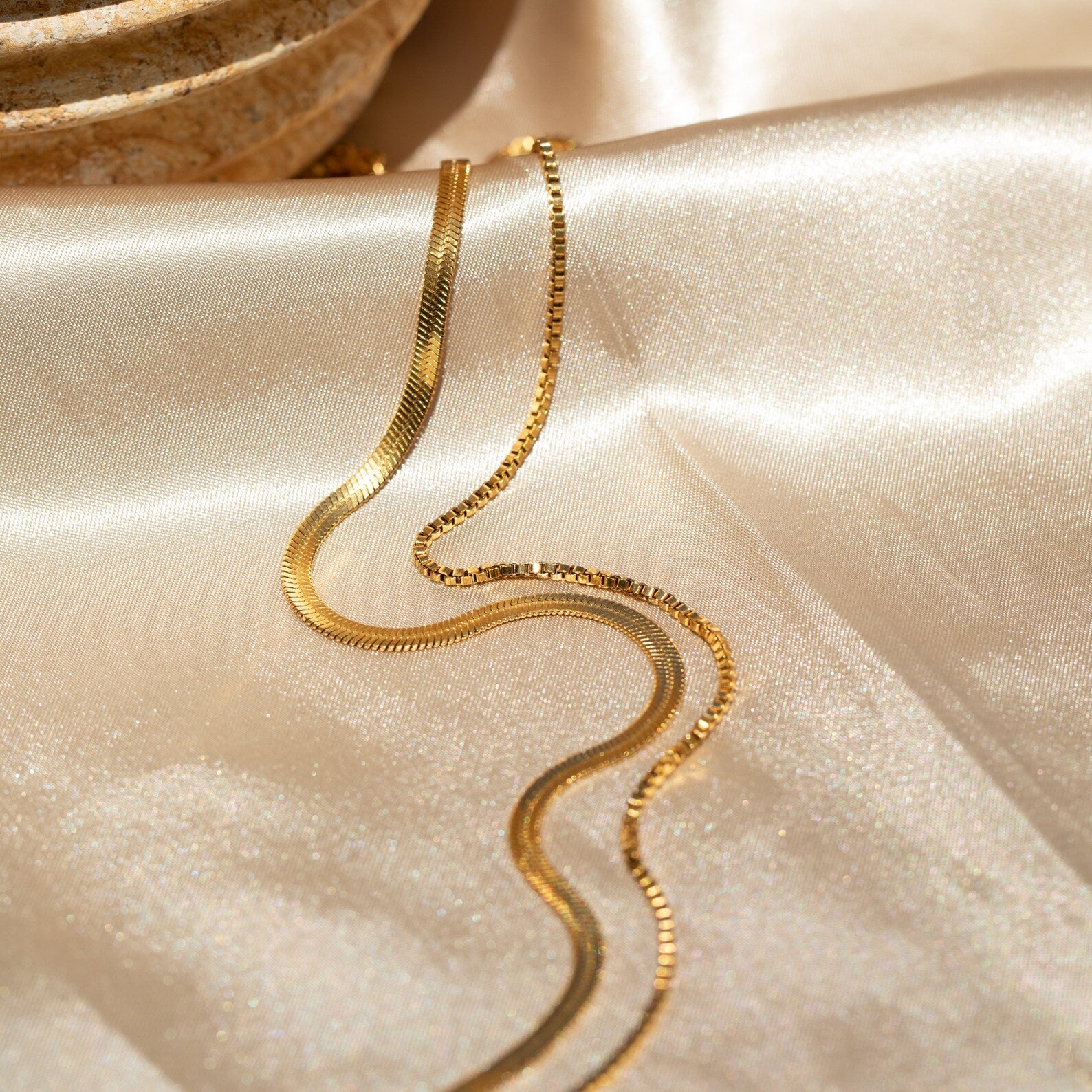 Herringbone Duo Chain Necklace 18K Gold